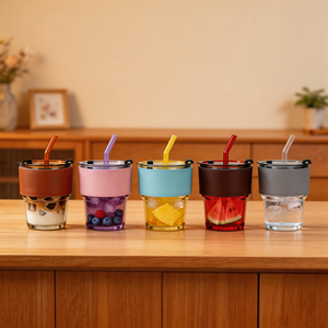 Verre à boisson de haute qualité pour jus, thé glacé, café, eau, transparent ou coloré, avec couvercle, paille et manchon en cuir - Product Image 3