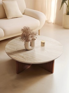 Mesa de centro pequeña circular clásica con tapa de piedra sinterizada, mesa auxiliar duradera para sala de estar para apartamento pequeño - Product Image 4