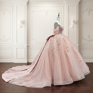 Robe de bal Lsmc137 en satin avec appliques de perles, longueur ras du sol, taille naturelle, traîne chapelle, style vintage, pour soirée, Quinceañera ou mariage - Product Image 5