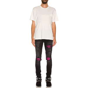 Jeans Ajustados Estilo Streetwear Personalizados al por Mayor, con 5 Bolsillos, Parches de Cuero Rosado Agrietado, para Hombre - Product Image 2