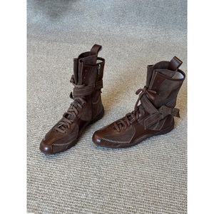 Bottines montantes pour femmes, style rétro, à lacets avec design à sangle, en daim et cuir patchwork, bottines décontractées pour un usage quotidien - Product Image 1