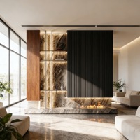 Meuble TV moderne avec LED et panneau en marbre, console multimédia en bois de noyer pour salon, sur mesure