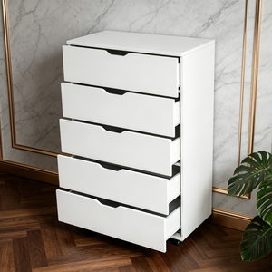 Commode mobile blanche à 5 tiroirs, armoire de rangement roulante moderne pour chambre à coucher, bureau, salle d'artisanat - Product Image 5