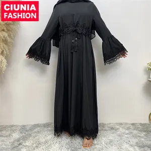 16001 # EID 이슬람 의류 겸손한 중동 아랍어 여성 레이스 허리 벨트 긴 소매 드레스