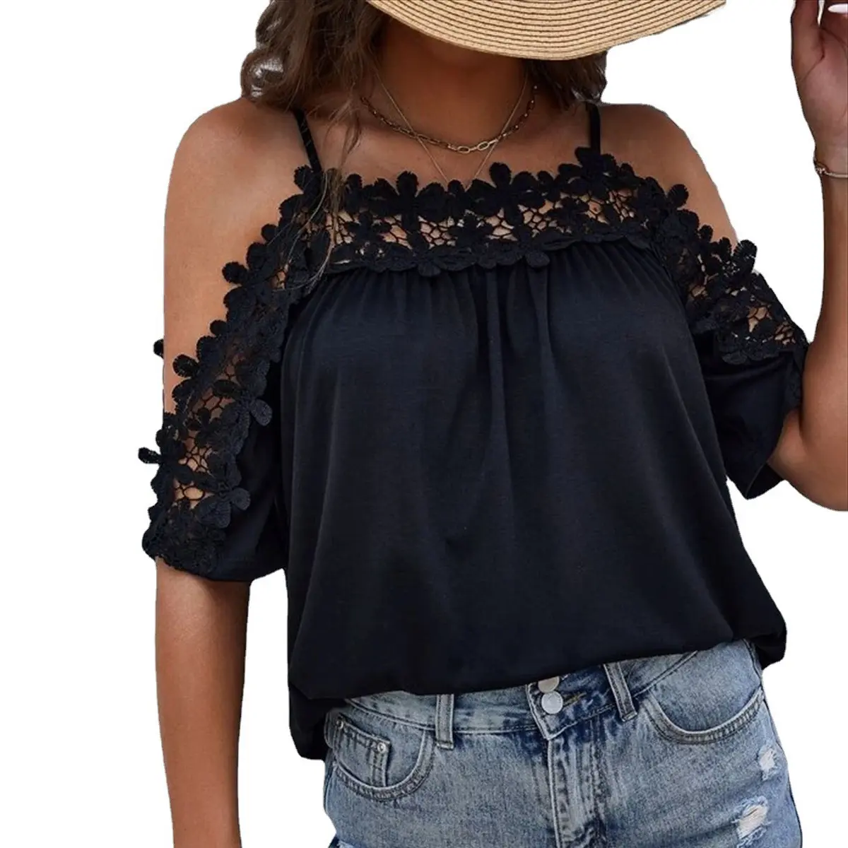 Women Black Lace Stitching Hollow Out Short Sleeve Casual Loose Blouse Top