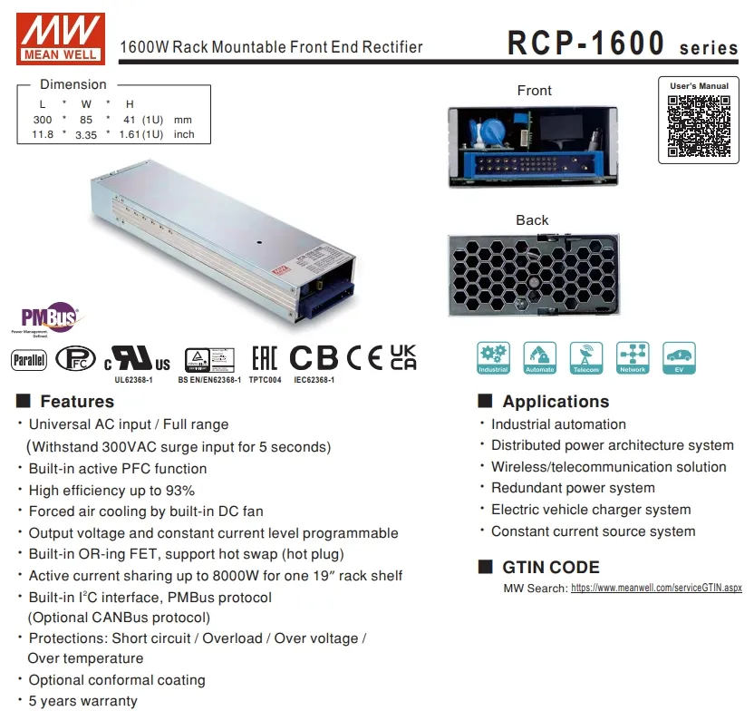 Mean Well RCP-1600-48 1600w 48v 1000 ~ 3000W Smart Power Supply Front End Power System con alimentazione ausiliaria