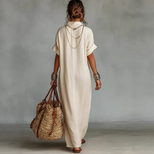 Vestido Maxi para Mujer Maining, Bordado Floral, Cuello en V, Manga Media, Vestido Informal Estilo Boho, Vestido Túnica de Playa con Bolsillo - Product Image 2