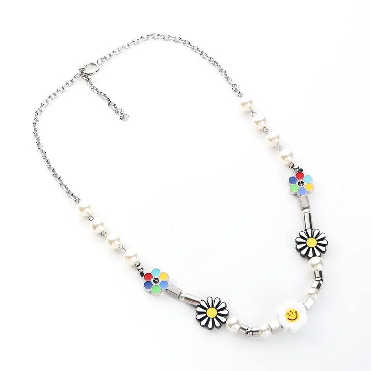 NUORO Personalized Women Men Rapper Street Dance Rock Chain Jewelry Hip Hop Colorful Daisy Pearl Smiley Face Sunflower Necklace