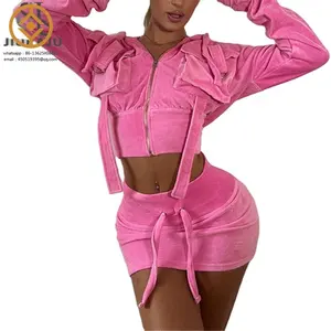 Women's Pocket Pink Zipper Hooded 2 Piece Set Sexy Long Sleeve Coat Top+Skinny Elastic Hip Skirt