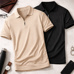 Custom logo Summer Solid Color Slim Fit Ribbed Texture Short <b>Sleeve</b> Business Casual <b>Top</b> Knitwear Quarter Zip Knit Polo Shirt - Product Image 1