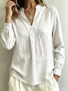 Nueva Llegada, Camisa a Rayas para Mujer Estilo Europeo Americano, Cuello en V Holgado con Bolsillo, Blusa Informal con Cuello para Uso Diario - Product Image 4