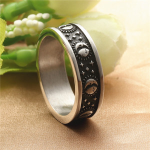 Stainless Steel Sun <b>Moon</b> Stars <b>Ring</b> Men's Retro Punk Jewelry Gift Constellation Design Silver Tone - Product Image 1