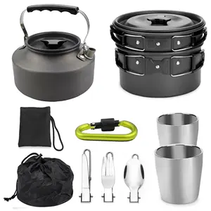 Backpacking Camping Cookware Mess KitLightweight Outdoor Cooking Equipment,Cookset Camp Pot Pan Bowls Folding Utensil Set/