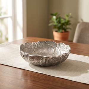 Tazón de Metal con Forma de Flor, Tallado a Mano, Plato Decorativo para Servir, Tono Plateado - Product Image 4