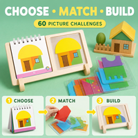 Jeu de puzzle géométrique pour designer de maisons, 60 défis visuels, 15 cartes de formes transparentes, support d'affichage en bois, éducatif pour tous les âges