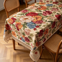 Nappe carrée de luxe exquise en jacquard floral tissé, motif peinture à l'huile, bordure à pompons, lourde, lavable, style rétro, pour décoration intérieure