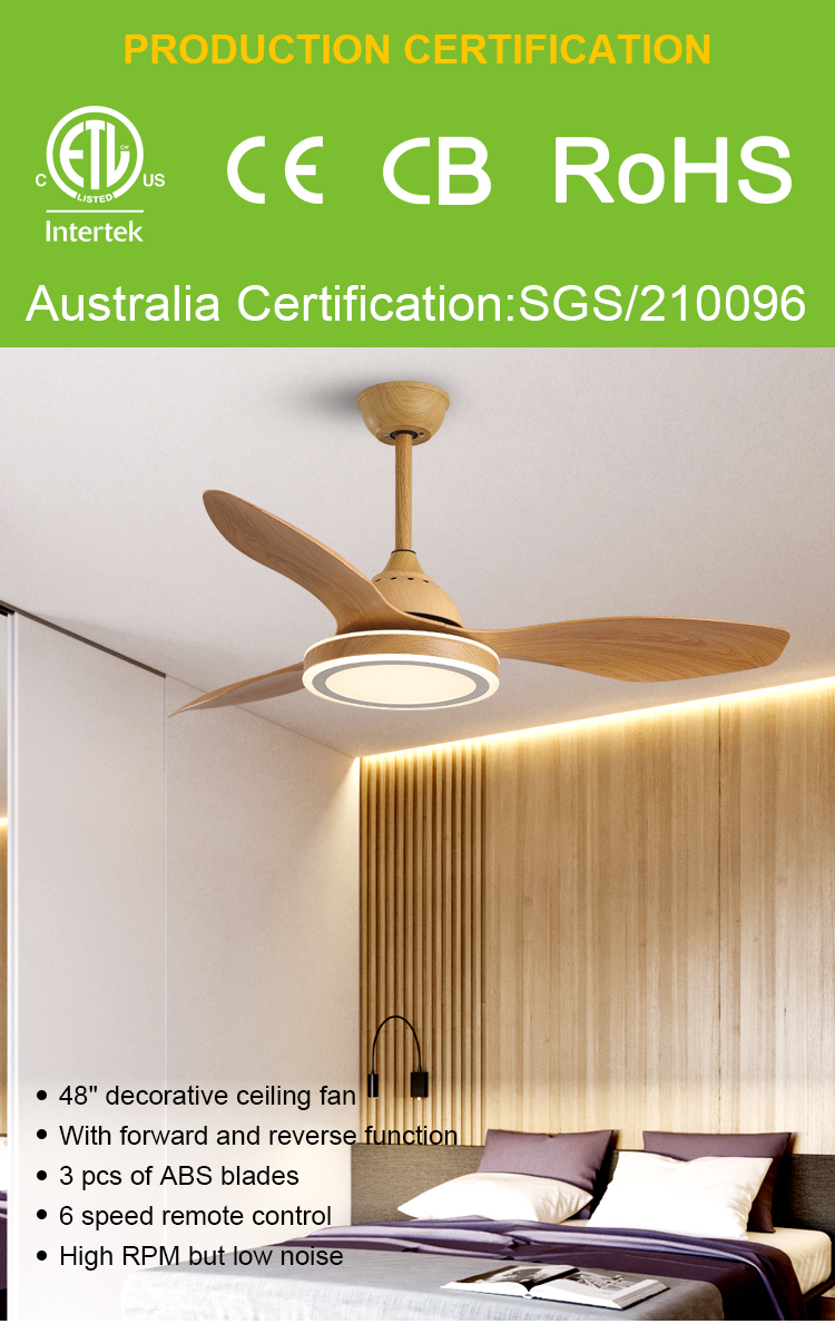 Breezelux Wood color ABS blades DC decorative living room ceiling fan with LED light