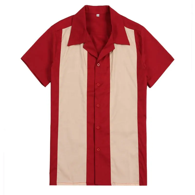 Pamuklu dikey çizgili gömlek erkekler tasarımcı Bowling gömlek kırmızı düğme aşağı Retro moda gömlek