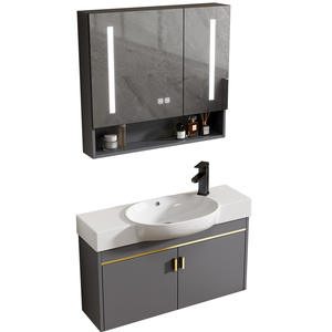 Meuble-lavabo mural ultra-étroit moderne pour petite salle de bain d'hôtel, finition laquée noir mat - Product Image 1