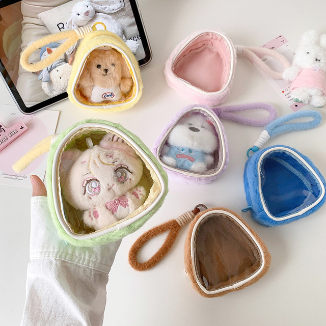 Cute Triangle Plush Walking Doll Bag Transparent Window Outdoor Display Pouch for 10cm Small Kawaii Dolls & Keychain Plush Toys