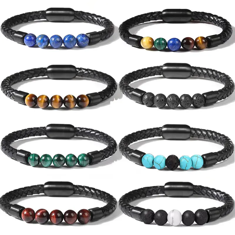 Most Popular Natural Stone Beads Leather Bracelet Fashion Tiger Eye Magnetic Buckle Leather Cord Men Bracelet