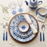 Assiettes de dîner en céramique bleu méditerranéen et blanc, bord festonné, service de vaisselle vintage en porcelaine, pour mariage, événement, assiette de présentation pour hôtel