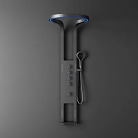 Colonne de douche murale noire mate avec panneau lumineux LED rond, 4 fonctions, jets de corps et double étagères de rangement
