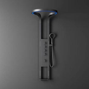 <span class=keywords><strong>Colonne</strong></span> <span class=keywords><strong>de</strong></span> <span class=keywords><strong>douche</strong></span> murale noire mate avec panneau lumineux LED rond, 4 fonctions, jets <span class=keywords><strong>de</strong></span> corps et double étagères <span class=keywords><strong>de</strong></span> <span class=keywords><strong>rangement</strong></span> - Product Image 2
