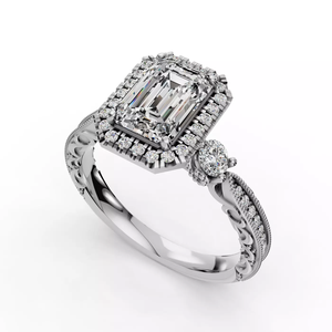 Anillo de Compromiso de Oro Blanco de 14K con Diamante Cultivado en Laboratorio de Corte Esmeralda, Doble Halo, Detalles Milgrain y Banda de Filigrana Ornamentada - Product Image 2