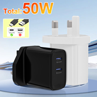 Chargeur mural double PD 50W 25W Type-C avec prise UK, adaptateur de charge rapide pour ordinateur portable, appareil photo, tablette et écouteurs avec protection OTP/OVP
