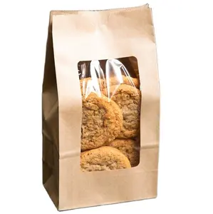 Sacchetto a fondo piatto personalizzato prodotti da forno stampa sacchetto di carta da imballaggio per pane in carta Kraft marrone con sacchetto di pane per pasticceria in plastica