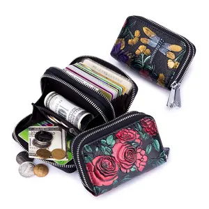 Double Zipper Leather coin pouch card holder vintage rfid blocking coin change purse women Rose Pattern Handpainted