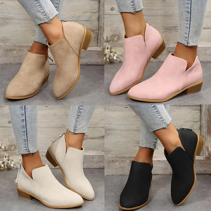 Flat large size short leather boots for women pointed toe thick heel back zipper suede ankle boots women's Martin boots