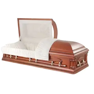 Wholesale Pine Wood Casket With White Velvet Interior Solid Wood Burial Vault Combo Bed Wooden Casket And Coffin Funeral Box