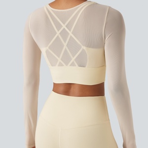 Custom Beautiful Women's <b>Two</b>-<b>Piece</b> Yoga Top Breathable Sports Outer Wear with Long Sleeves Cross Back <b>Mesh</b> Chest Pad Yoga <b>Set</b> - Product Image 3