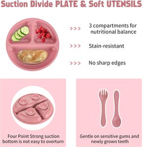 Ensemble d'alimentation pour bébé en silicone 8 pièces, assiette et bol à ventouse avec bavoir, tasse d'apprentissage, ustensiles pour la diversification alimentaire, passe au lave-vaisselle - Product Image 4