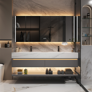 Italian Light Luxury Style Lacquer Finish MDF Cabinet Smart <b>Mirror</b> Integrated Basin Bathroom <b>Vanity</b> Unit for Hotel Use - Product Image 1