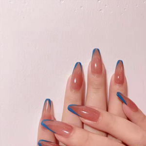 <span class=keywords><strong>Uñas</strong></span> postizas de estilo francés, diseño Simple, borde azul, decoración de manicura de longitud media, <span class=keywords><strong>uñas</strong></span> artificiales acrílicas, baratas - Product Image 3
