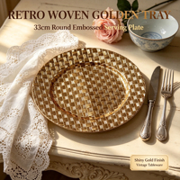 Assiette de présentation en plastique doré électroplaqué, tissée et gaufrée, pour mariage, hôtel, banquet, décoration de table de fête