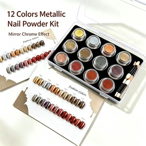 Kit de poudre à ongles effet miroir chromé métallique 12 couleurs, pigments bronze, or, argent avec nuancier et pinceaux applicateurs pour ongles - Product Image 1