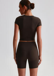 Color sólido V cuello camiseta gimnasio Top ropa deportiva manga corta Fitness Yoga camisa - Product Image 3