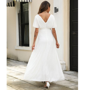 Robe de maternité en promotion : Nouvelle robe blanche élégante à col en V et manches courtes <span class=keywords><strong>pour</strong></span> <span class=keywords><strong>femme</strong></span> <span class=keywords><strong>enceinte</strong></span>, idéale <span class=keywords><strong>pour</strong></span> l'été et comme robe de mariée. - Product Image 5