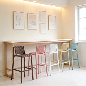 <span class=keywords><strong>Tabouret</strong></span> de bar minimaliste en plastique blanc avec assise et dossier ventilés à lattes, empilable, pour café commercial, balcon extérieur, pub - Product Image 4