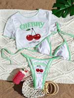 Ensemble bikini 3 pièces pour femme, imprimé cerises, haut court graphique fruité mignon, cache-maillot, bas à nouer ajustable, bordure contrastante, maillot de bain sexy