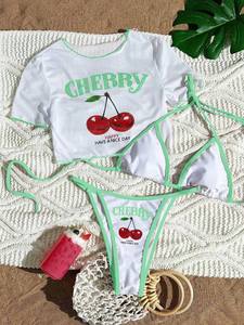Conjunto de Bikini de 3 Piezas con Estampado de Cerezas <span class=keywords><strong>para</strong></span> <span class=keywords><strong>Mujer</strong></span>, Top Corto con Gráfico de Frutas, Braguita con Cordones Ajustables y Ribete en Contraste, Traje de Baño Sexy - Product Image 3