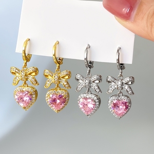 Pendientes de Aro Colgantes con Lazo y Piedra de Corazón Rosa de Circonita Cúbica Chapados en Oro para Mujer, al por Mayor, de Moda - Product Image 1