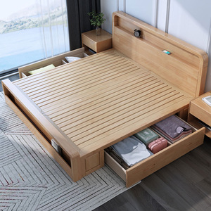 Lit en bois massif de style nordique moderne minimaliste, 1,8 m x 1,5 m, avec coffre de rangement, lit double, couleur bois naturel, meubles de chambre à coucher - Product Image 3