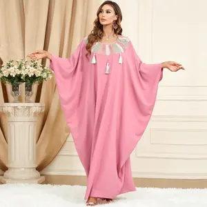 New Pink Bat-sleeve Plus-size Patchwork Collar Dress with Fringe Maxi Dress Ladies Modest Kimonos Ladies Boho Long Women Kaftan