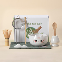 Ensemble de thé matcha pour chat mignon en gros avec bol en céramique, fouet chasen, support, cuillère, tamis – Kit traditionnel de cérémonie du thé japonais