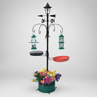 Station d'alimentation pour oiseaux de jardin en métal antique, écologique, avec lanterne solaire, pot de fleurs, crochets de suspension, plateau de bain pour oiseaux et aiguille d'vent